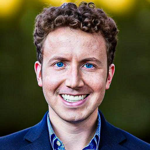 Hugh O'Donoghue wears an open shirt and a sports coat. He smiles in front of a blurry background